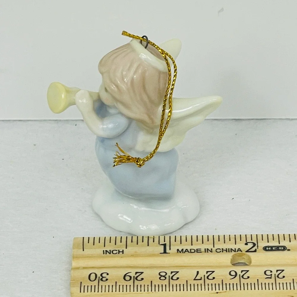 Precious Moments Angel Playing Trumpet Porcelain Christmas Ornament Blue Gown